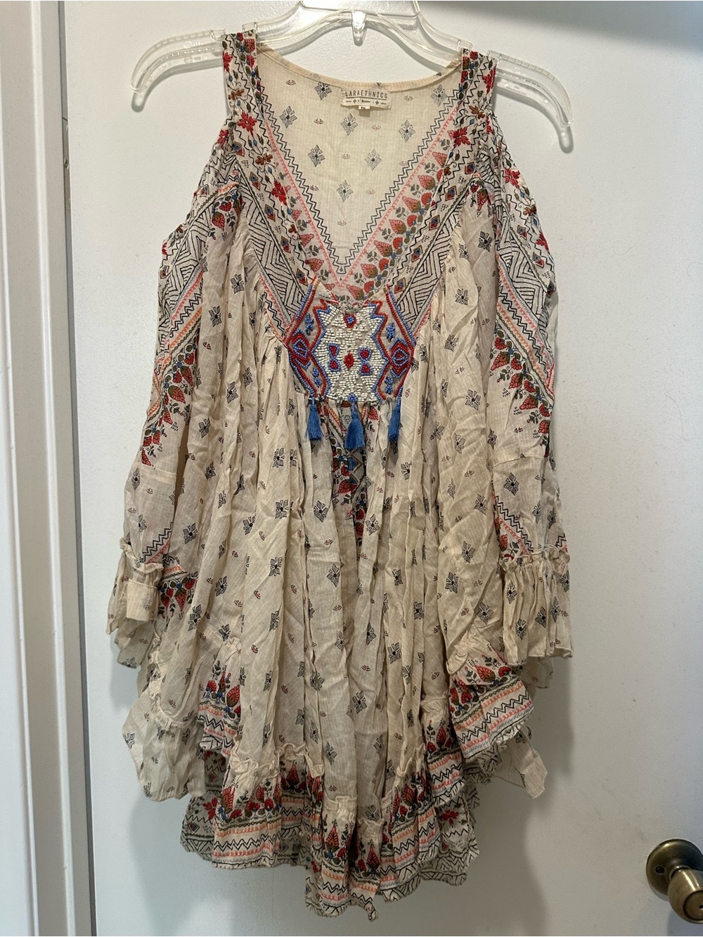 Lara Ethics Tan Embroidered Boho Cold-Shoulder Tunic Top w Detailed Beads